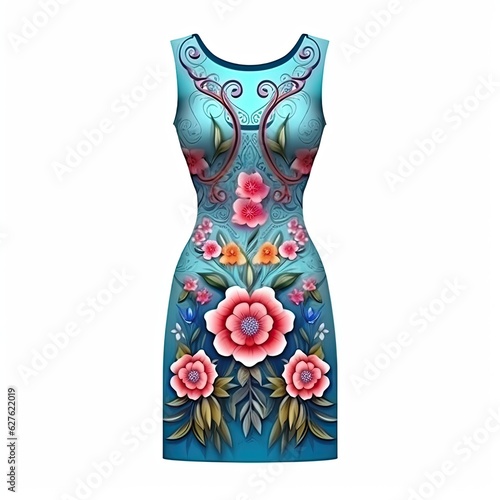 Embroidered dress fashion clothing with colorful pattern isolated on white background. Generative AI