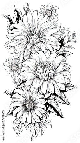 Cute Aster flower in coloring page style illustration. Line art painting. Generative AI