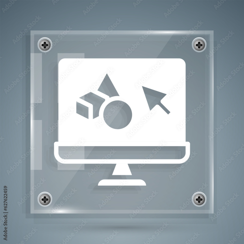 White 3D printer software icon isolated on grey background. 3d printing. Square glass panels. Vector White 3D printer software icon isolated on grey background. 3d printing. Square glass panels. Vector