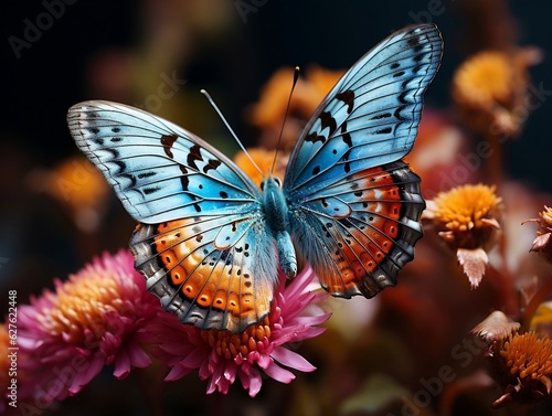 Macro insect photography capturing the delicate beauty of a colorful butterfly perched on a blooming flower generative ai © Generative Ai