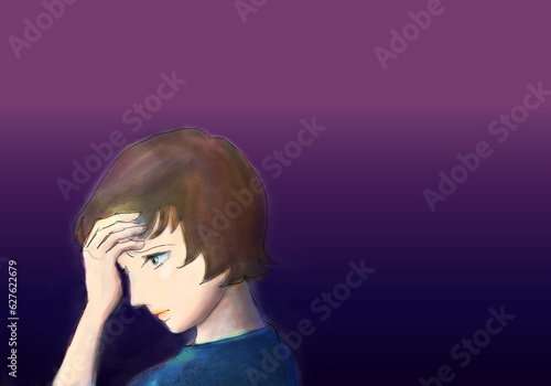 woman placing her hand on her forehead (purple background)