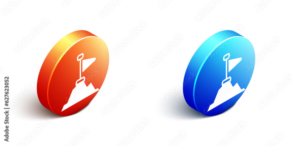 Isometric Mountains with flag on top icon isolated on white background. Symbol of victory or success concept. Goal achievement. Orange and blue circle button. Vector Isometric Mountains with flag on top icon isolated on white background. Symbol of victory or success concept. Goal achievement. Orange and blue circle button. Vector