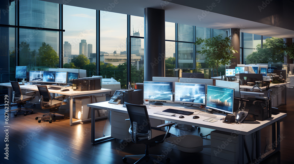 A call center - office - sleek workstations, and a bright, inviting atmosphere. Expansive space, serense vibe. Computers, bureau, data. - Generative AI A call center - office - sleek workstations, and a bright, inviting atmosphere. Expansive space, serense vibe. Computers, bureau, data. - Generative AI