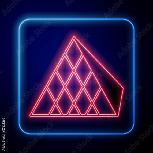 Glowing neon Louvre glass pyramid icon isolated on black background. Louvre museum. Vector