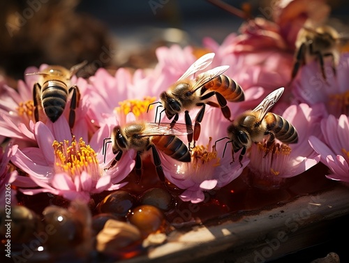 A captivating macro view of a busy beehive, with worker bees tirelessly collecting nectar from a variety of flowers generative ai