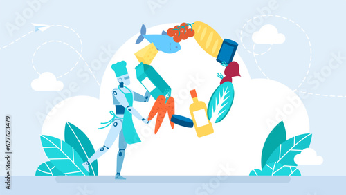 Multitasking robot chef. Robot cooking foods in the kitchen. The robot juggles food. Automation of cooking. Kitchen multitasking machine. AI helps housewives. Flat vector illustration