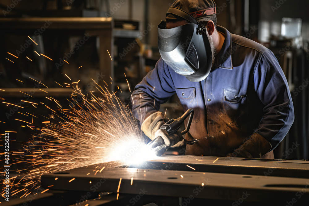 Man welding in workshop. Generative AI. Man welding in workshop. Generative AI.