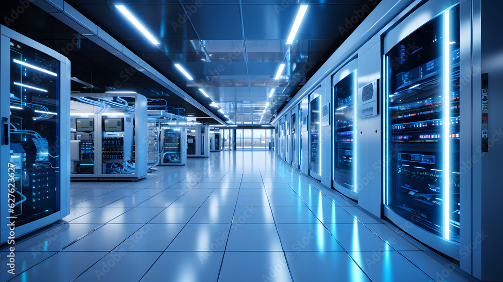 A high-tech data center sleek workstations, and a bright, inviting atmosphere. - expansive space, serense vibe, blue glow. - Generative AI A high-tech data center sleek workstations, and a bright, inviting atmosphere. - expansive space, serense vibe, blue glow. - Generative AI