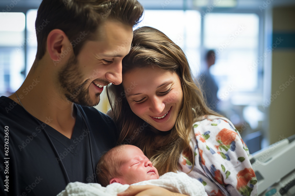 Obraz premium Mother and father with newborn. Generative AI.