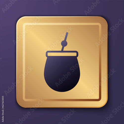 Purple Mate tea icon isolated on purple background. Gold square button. Vector