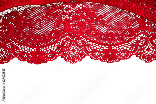 Red lace isolated on white background. red lace fabric, texture, background, pattern.