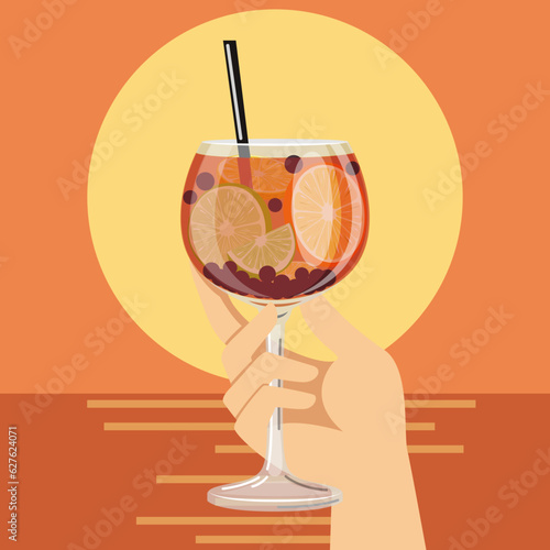 Cocktail in hand against the backdrop of sunrise, sky and sea. Vector illustration. Summer card, banner, flyer, illustration for prints.