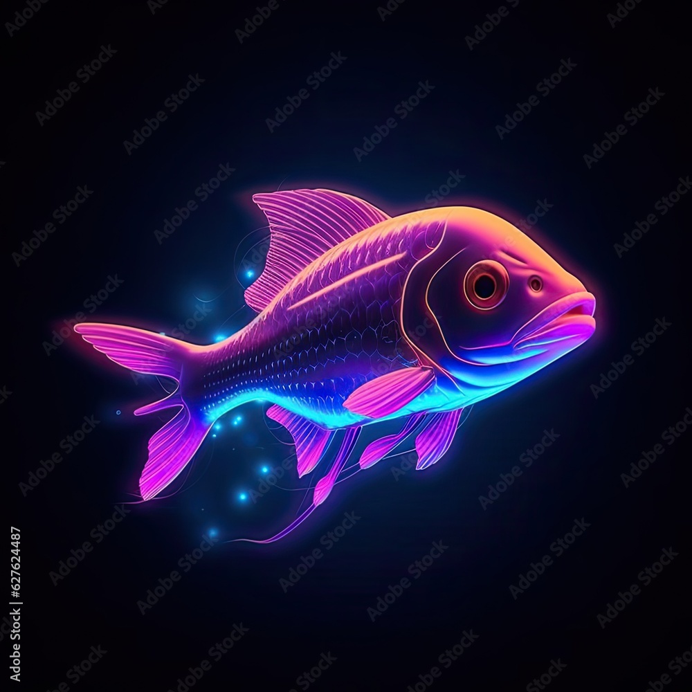 Cute Salmon fish animal in neon style. Portrait of glow light animal. Generative AI Cute Salmon fish animal in neon style. Portrait of glow light animal. Generative AI