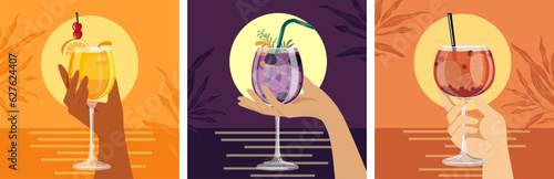 Set of vector cards. Cocktail in hand against the background of the sky, sea, sunset, sunrise and moon. Summer card, banner, flyer, illustration for prints.