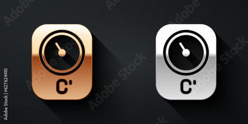Gold and silver Sauna thermometer icon isolated on black background. Sauna and bath equipment. Long shadow style. Vector