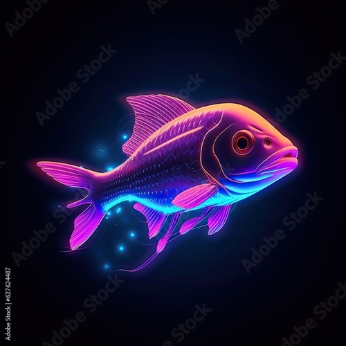 Cute Salmon fish animal in neon style. Portrait of glow light animal. Generative AI