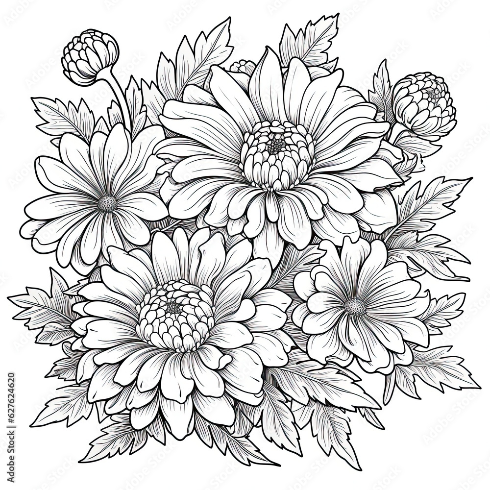 Cute Marigold flower in coloring page style illustration. Line art painting. Generative AI