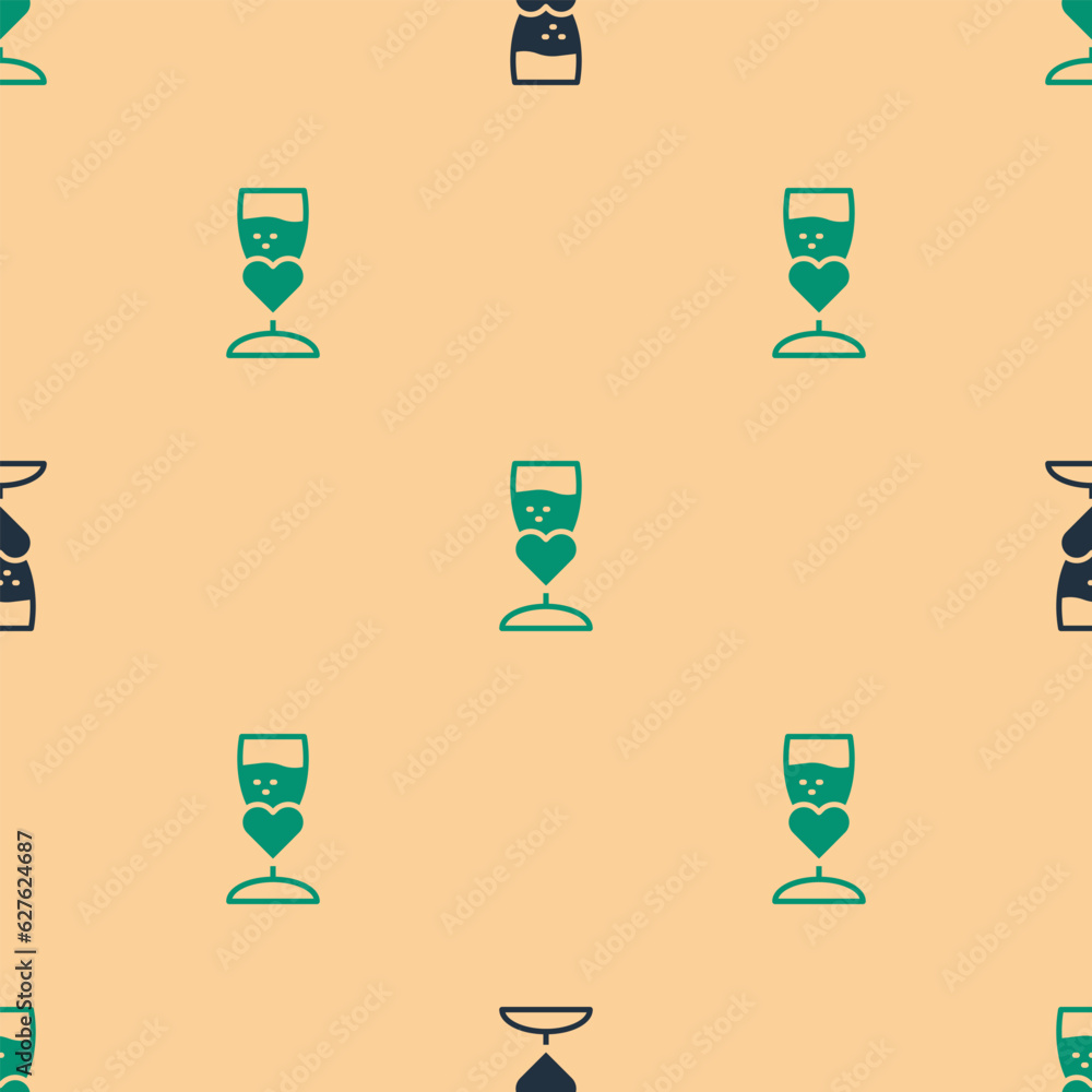 Green and black Glass of champagne icon isolated seamless pattern on beige background. Happy Valentines day. Vector Green and black Glass of champagne icon isolated seamless pattern on beige background. Happy Valentines day. Vector