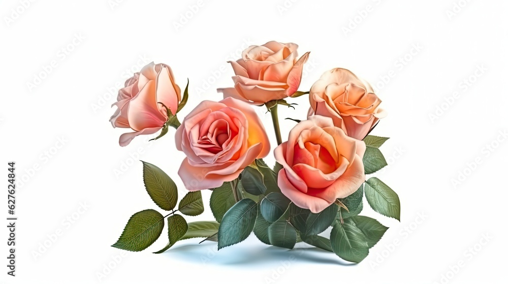 Rose flowers isolated on white background. Beautiful blooming plants. Generative AI