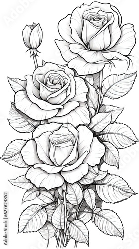 Cute Rose flower in coloring page style illustration. Line art painting. Generative AI