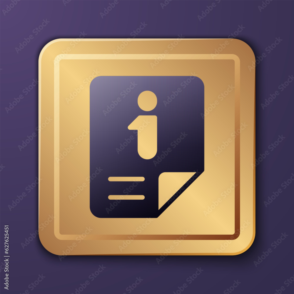 Purple Information icon isolated on purple background. Gold square button. Vector