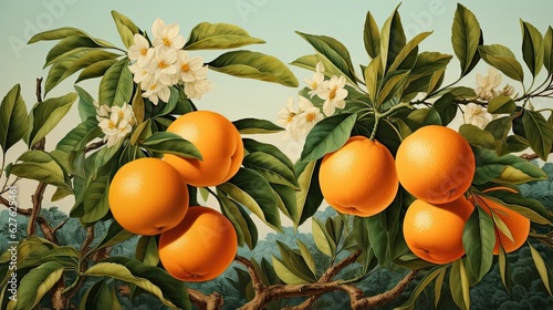 Oranges fruits vintage art illustration. Natural eco food design. Generative AI