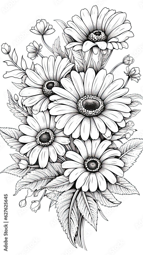 Cute Gerbera flower in coloring page style illustration. Line art painting. Generative AI