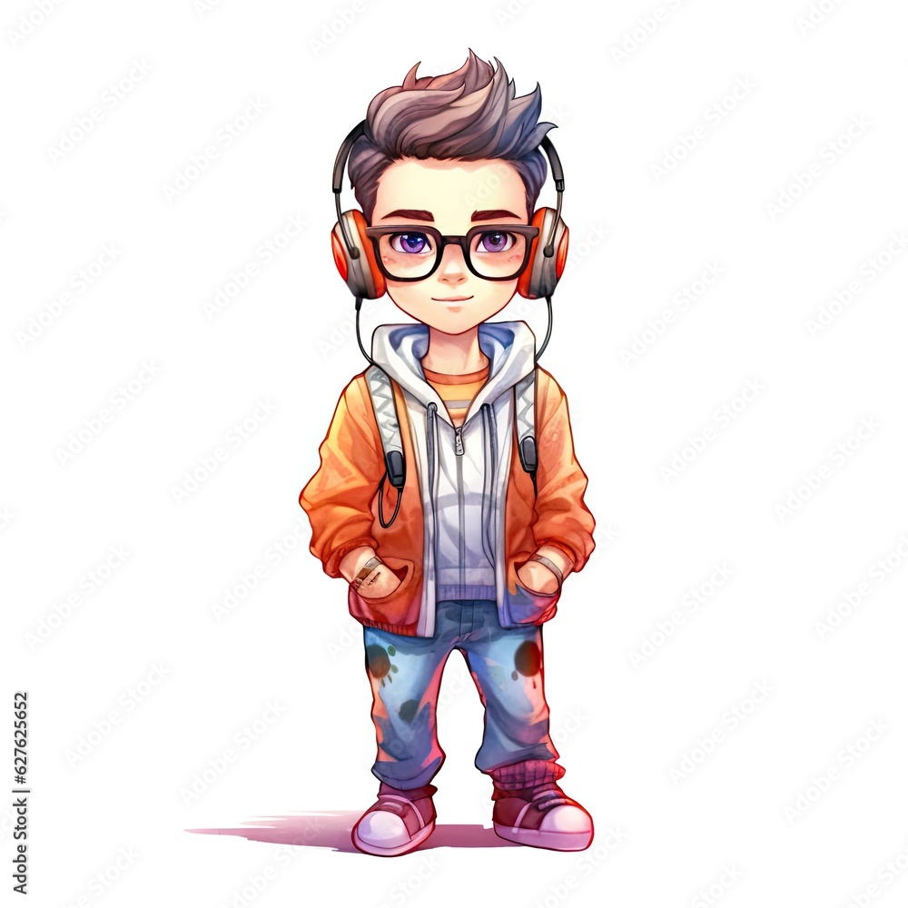 Cute Gamer character isolated on white background. Colorful painting illustration. Generative AI