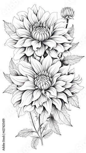 Cute Dahlia flower in coloring page style illustration. Line art painting. Generative AI