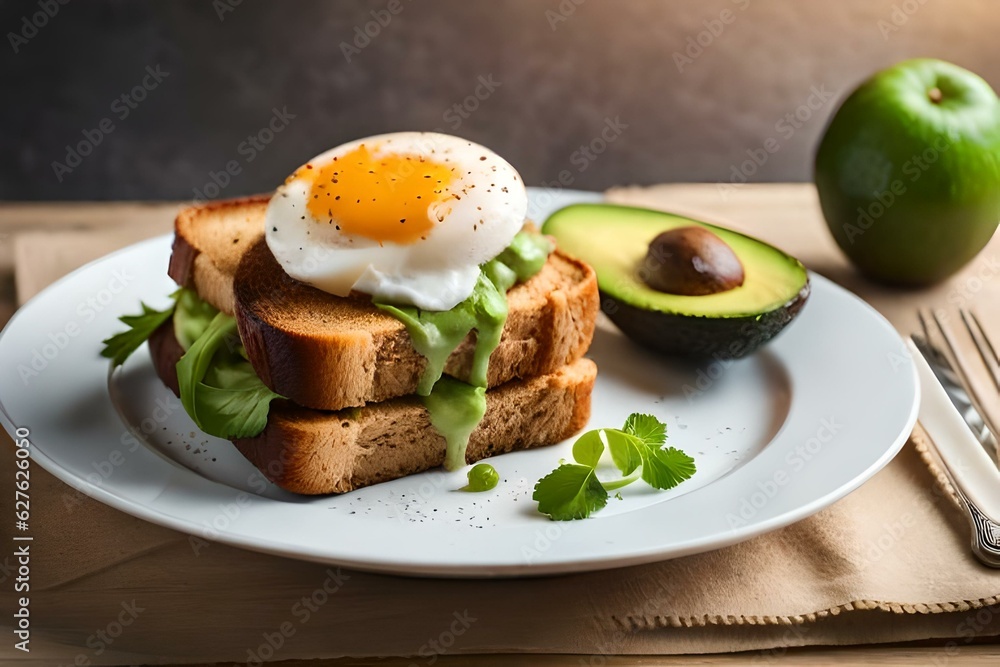 Nutritious breakfast. A toasted slice of whole wheat bread topped with avocado slices and egg. Generative AI
