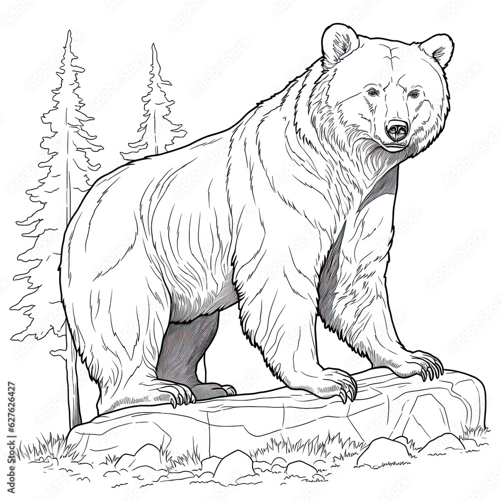 Brown bear animal line art illustration. Black and white coloring page