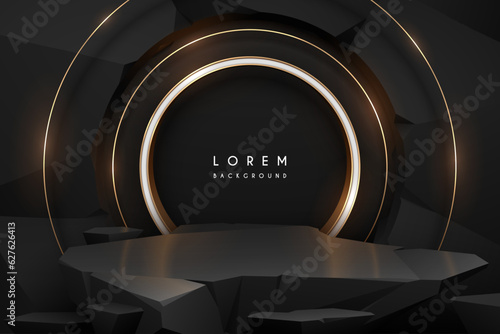 Black stone podium with golden rings