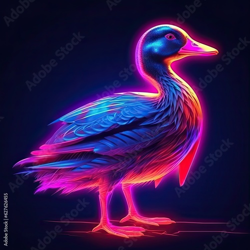 Cute Goose animal in neon style. Portrait of glow light animal. Generative AI