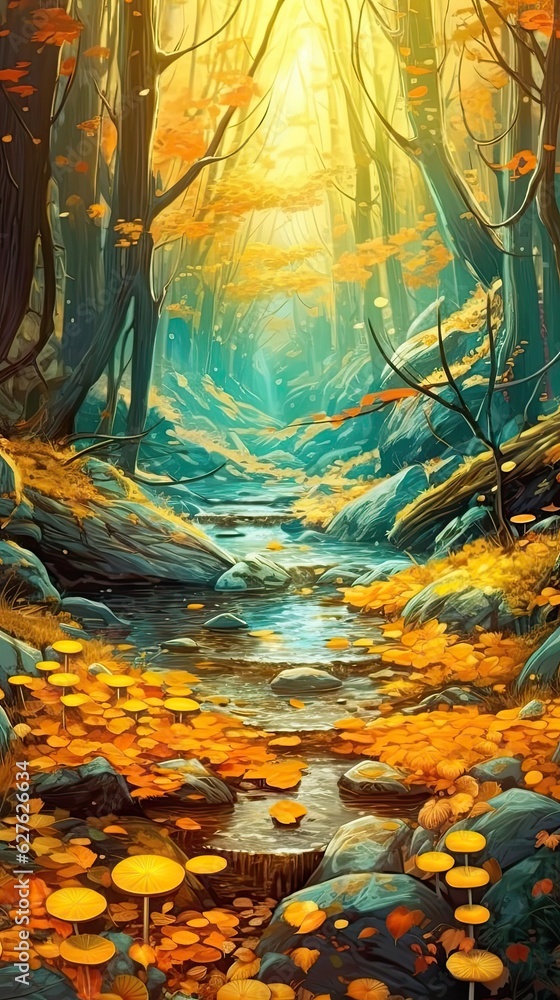 A serene autumn forest with golden leaves falling gently to the forest floor. Colorful illustration art. Generative AI