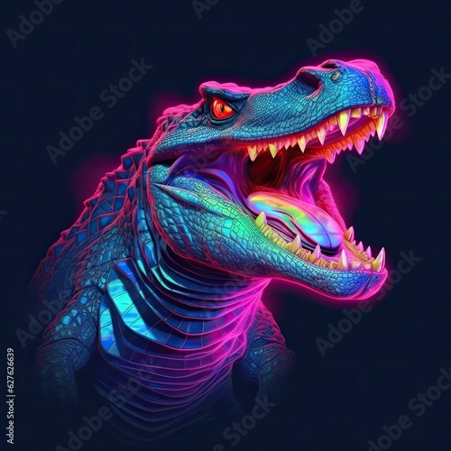 Cute Crocodile animal in neon style. Portrait of glow light animal. Generative AI © tanyastock