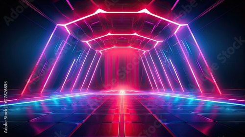 An immersive neon stage design with intricate octagonal patterns, casting a captivating glow on the performers and surroundings. Abstract futuristic neon light background. Generative AI © tanyastock