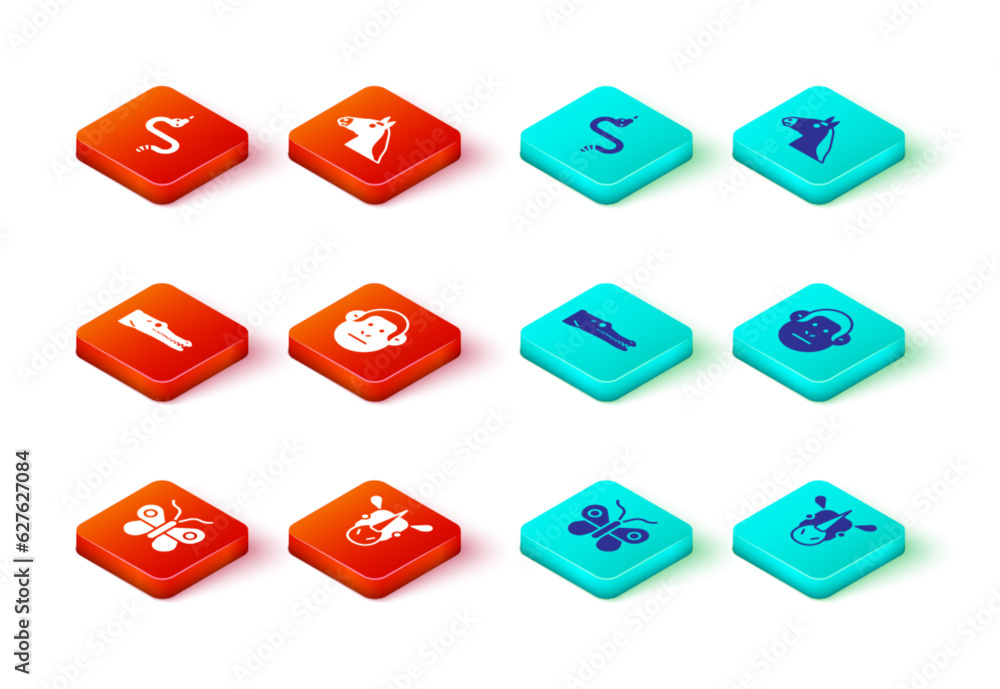 Set Butterfly, Rhinoceros, Crocodile, Monkey, Horse head and Snake icon. Vector Set Butterfly, Rhinoceros, Crocodile, Monkey, Horse head and Snake icon. Vector