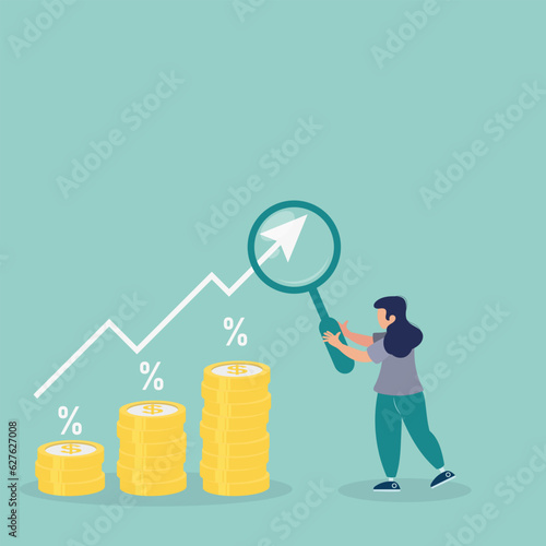 Businesswoman hold magnifying with pile of coins symbol. Interest rate hike due to inflation percentage rising up. Flat vector illustration.
