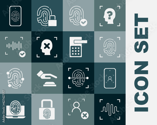 Set Voice recognition, Mobile and face, Fingerprint, Rejection, with fingerprint scan and Digital door lock icon. Vector