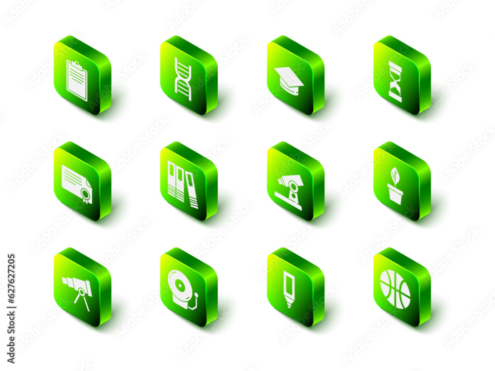 Set DNA symbol, Graduation cap, Old hourglass with sand, Plant in pot, Basketball ball, Microscope, Marker pen and Ringing alarm bell icon. Vector Set DNA symbol, Graduation cap, Old hourglass with sand, Plant in pot, Basketball ball, Microscope, Marker pen and Ringing alarm bell icon. Vector