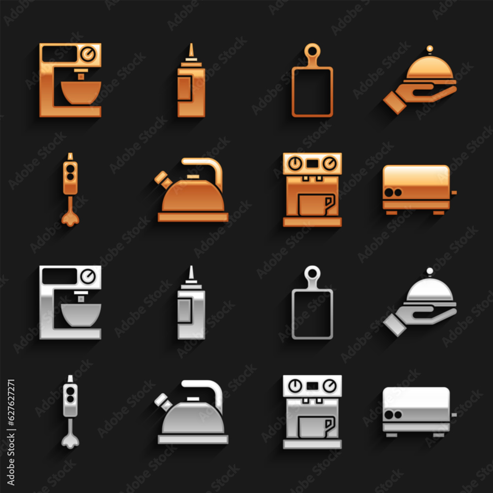 Set Kettle with handle, Covered tray, Toaster, Coffee machine, Blender, Cutting board, Electric mixer and Sauce bottle icon. Vector Set Kettle with handle, Covered tray, Toaster, Coffee machine, Blender, Cutting board, Electric mixer and Sauce bottle icon. Vector