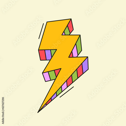 Colorful groovy lightning icon. Vintage hippie thunder art. Funky vector graphic design. Contemporary art decoration