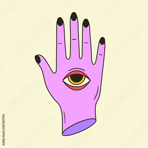 Surreal vector illustration of hand with psychedelic eye. Groovy 70s graphic. Funky acid art. Weird hallucination drawing