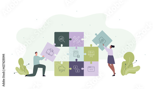 Hard skill and education concept. Vector flat design illustration. Diversity team of male and female employee make puzzle of technical, business, management, economical, design skills symbols.