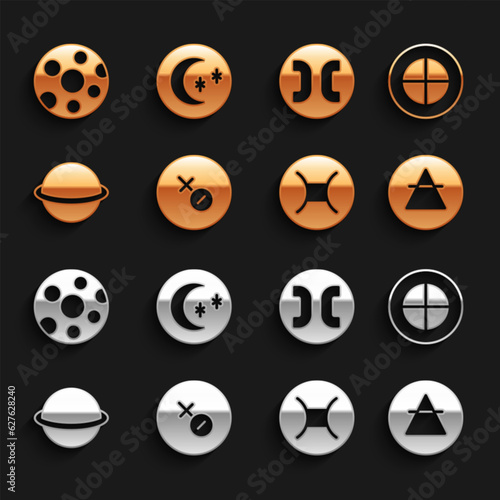 Set Venus symbol, Earth globe, Air element, Gemini zodiac, Planet Saturn, Pisces, Full moon and Moon and stars icon. Vector