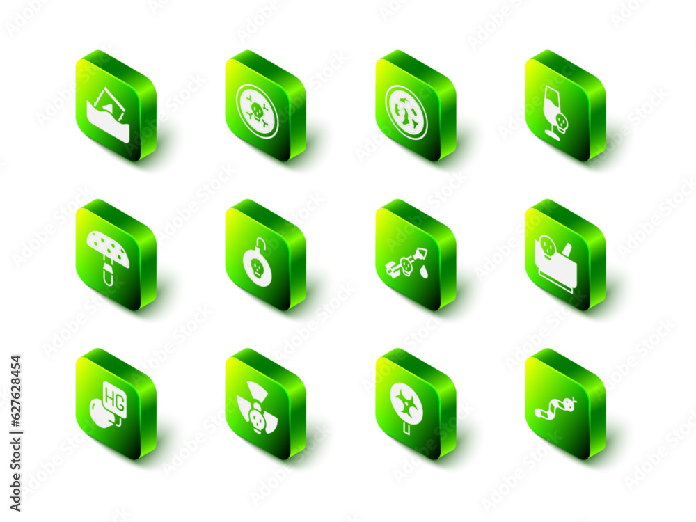 Set Bones and skull, Petri dish with bacteria, Poisoned alcohol, Mortar pestle, Snake, the arrow, Biohazard symbol and Radioactive icon. Vector Set Bones and skull, Petri dish with bacteria, Poisoned alcohol, Mortar pestle, Snake, the arrow, Biohazard symbol and Radioactive icon. Vector