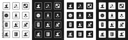Set Solution problem in psychology, Male doctor, Psychology, Dreams, Bipolar disorder, Broken heart divorce and Sedative pills icon. Vector