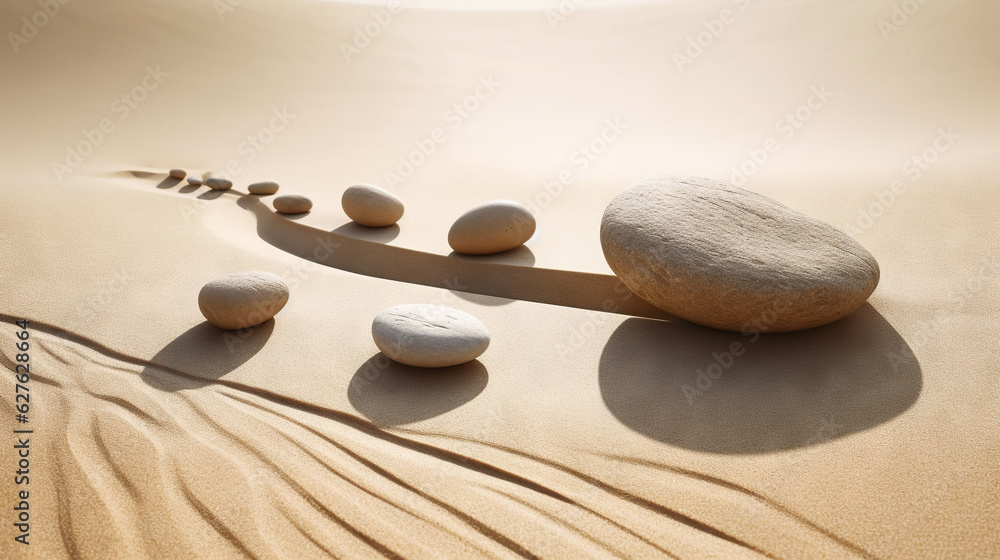 Pebble stones lie on the sand in definite order. Zen meditation. Generative AI Pebble stones lie on the sand in definite order. Zen meditation. Generative AI