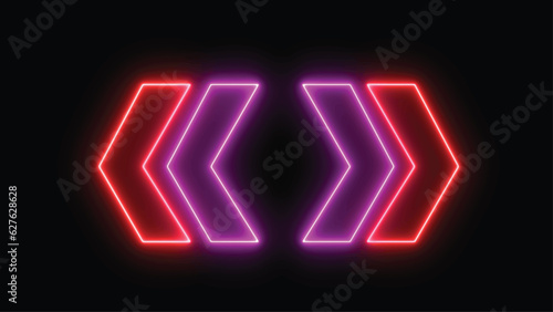 Left and right glowing red and purple neon direction at night. Lighting sparrow sign. Flashing direction indicators.