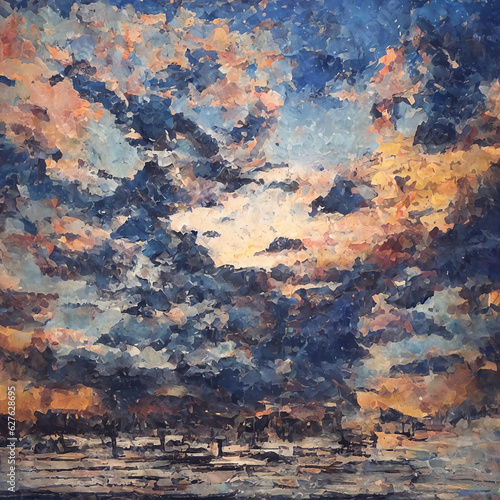 An evocative oil painting capturing the essence of a breathtaking sunset sky. Generative AI.